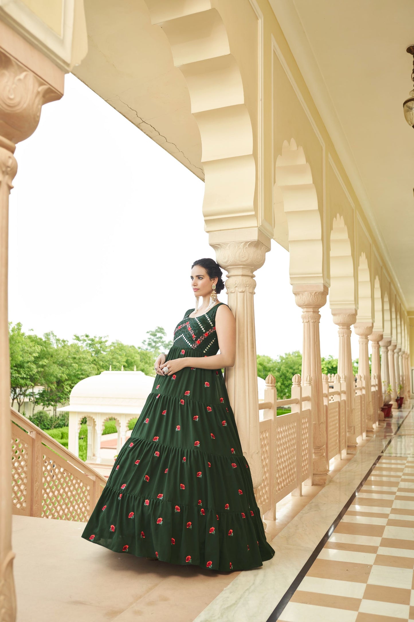 Olive Green Multi Embroidered Flared Anarkali Gown for Mehendi
