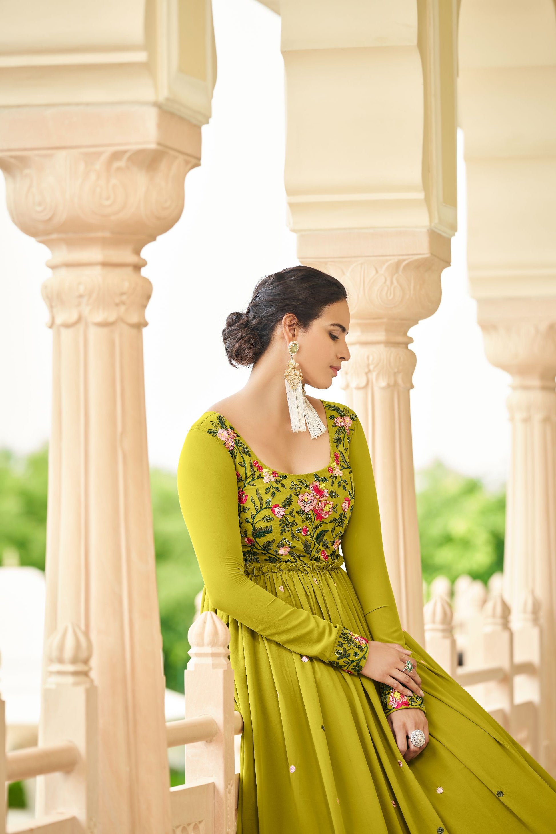 Green Shibori Print Sequence Georgette Anarkali Gown for Mehendi