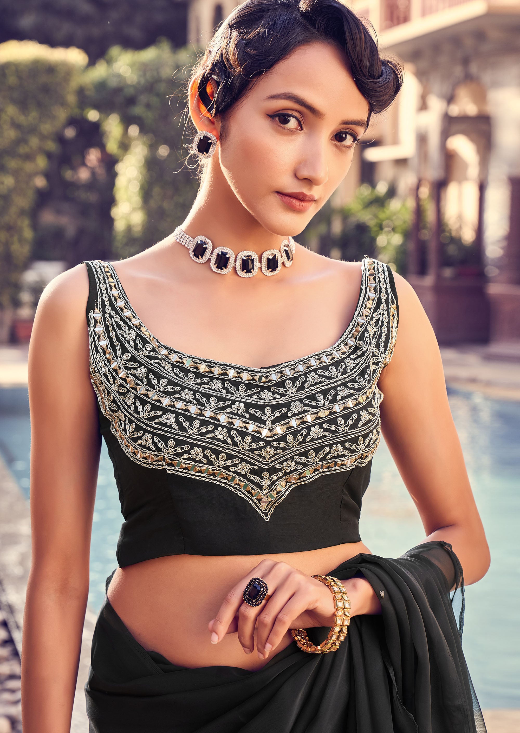 Black Color Georgette Ruffled Saree With Blouse | Lovely Wedding Mall