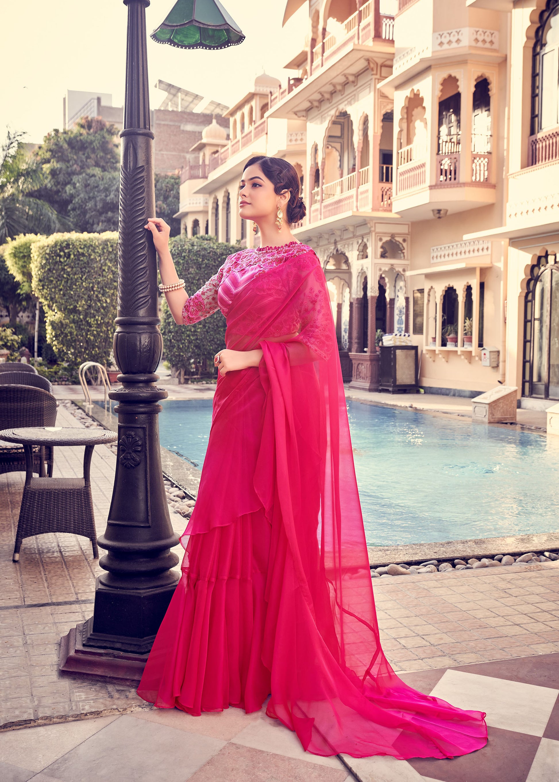 Pink Color Sequins Work Organza Frill Saree