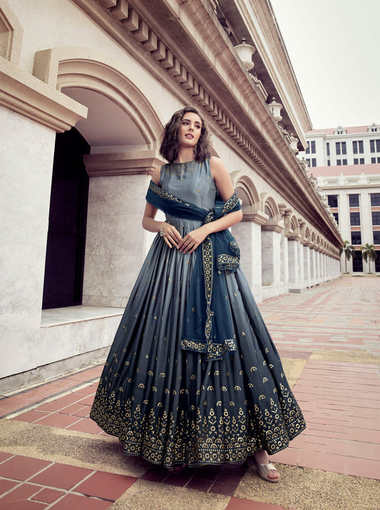 Beautiful Grey & Blue Color Chinnon Anarkali