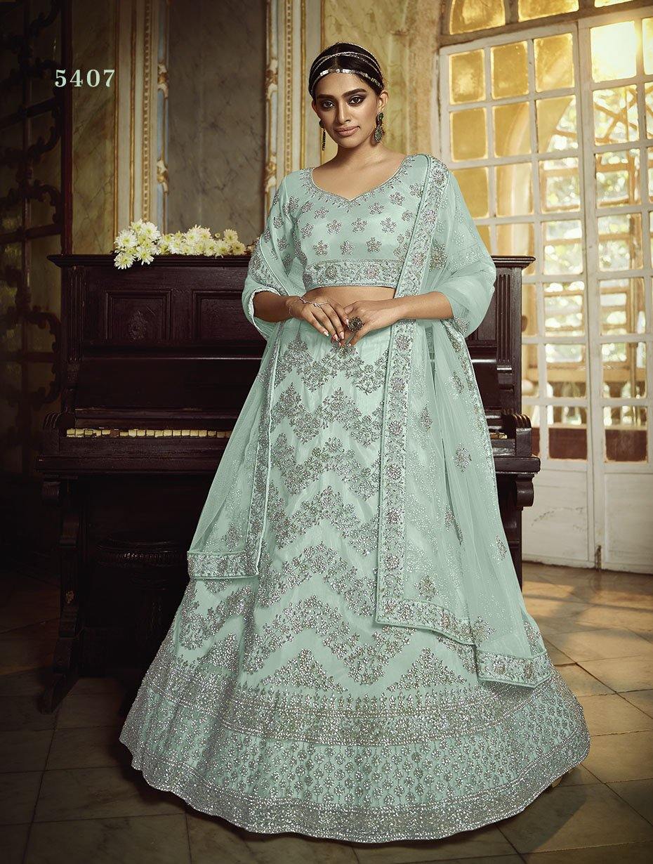 Sky Blue Fabric Bridal Lehenga Size    - Glamou  al