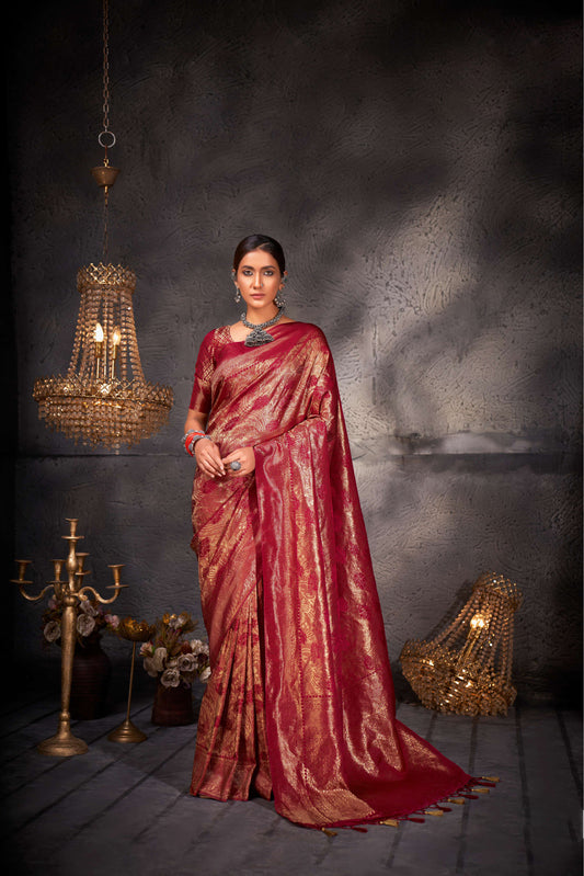 Neon Red Color Gold Zari Kanjeevaram Silk Saree