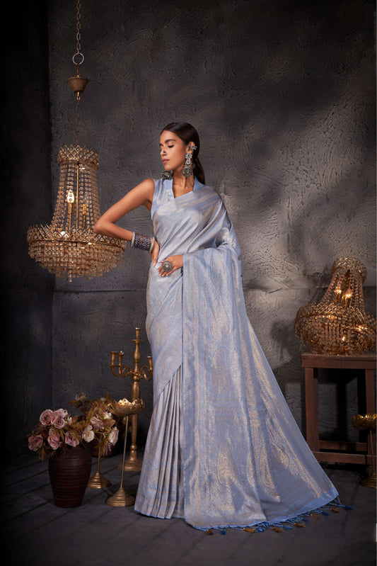 Sky Blue Color Gold Zari Kanjeevaram Silk Saree