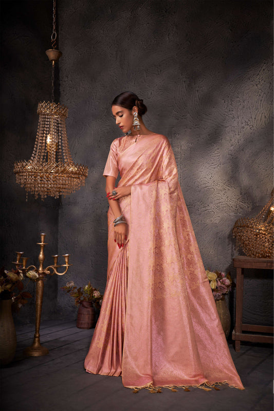 Pastel Peach Color Zari Kanjeevaram Silk Saree