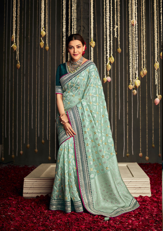 Mint Green Silk Weaving Designer Work Saree