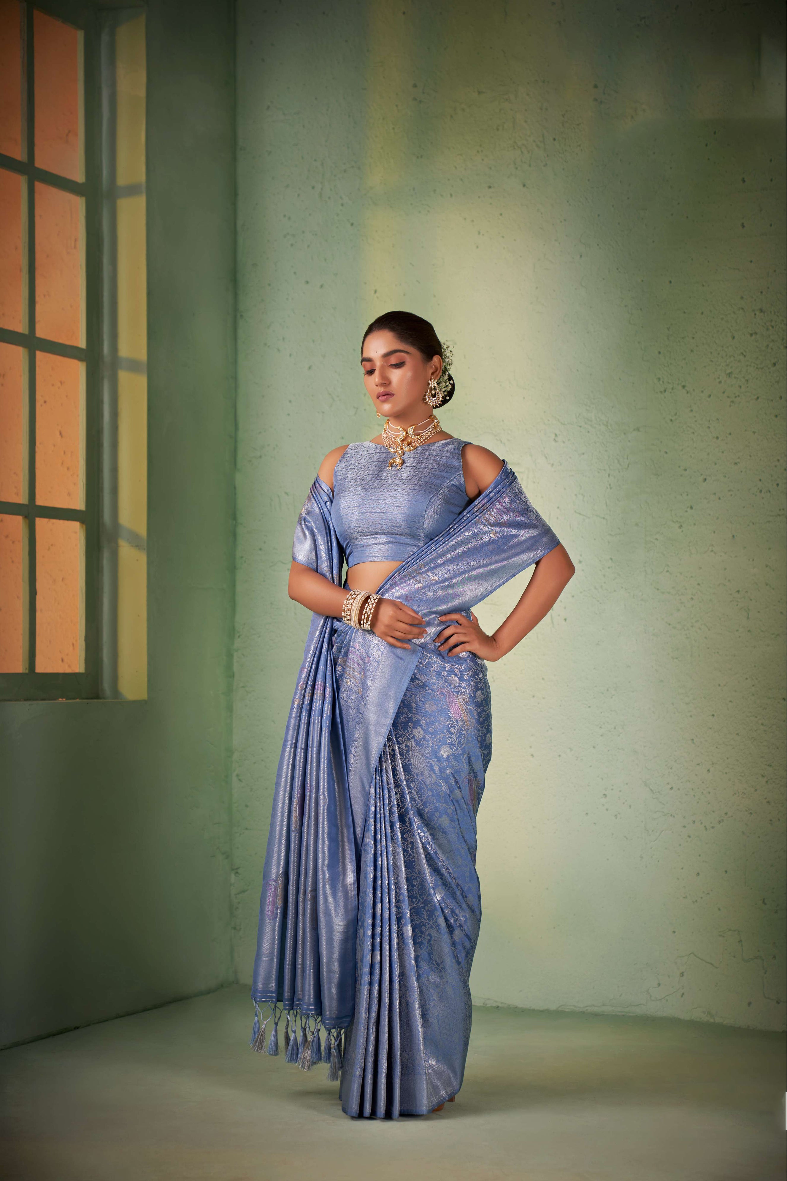 Kanjivaram Art Silk Saree With Silver Zari Jaal Design-Sky Blue