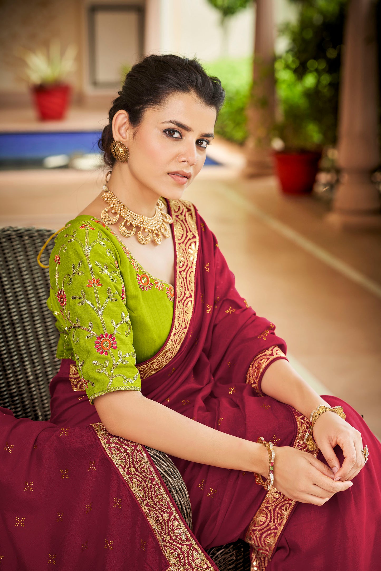 Red Color Sequined Swarovski Saree