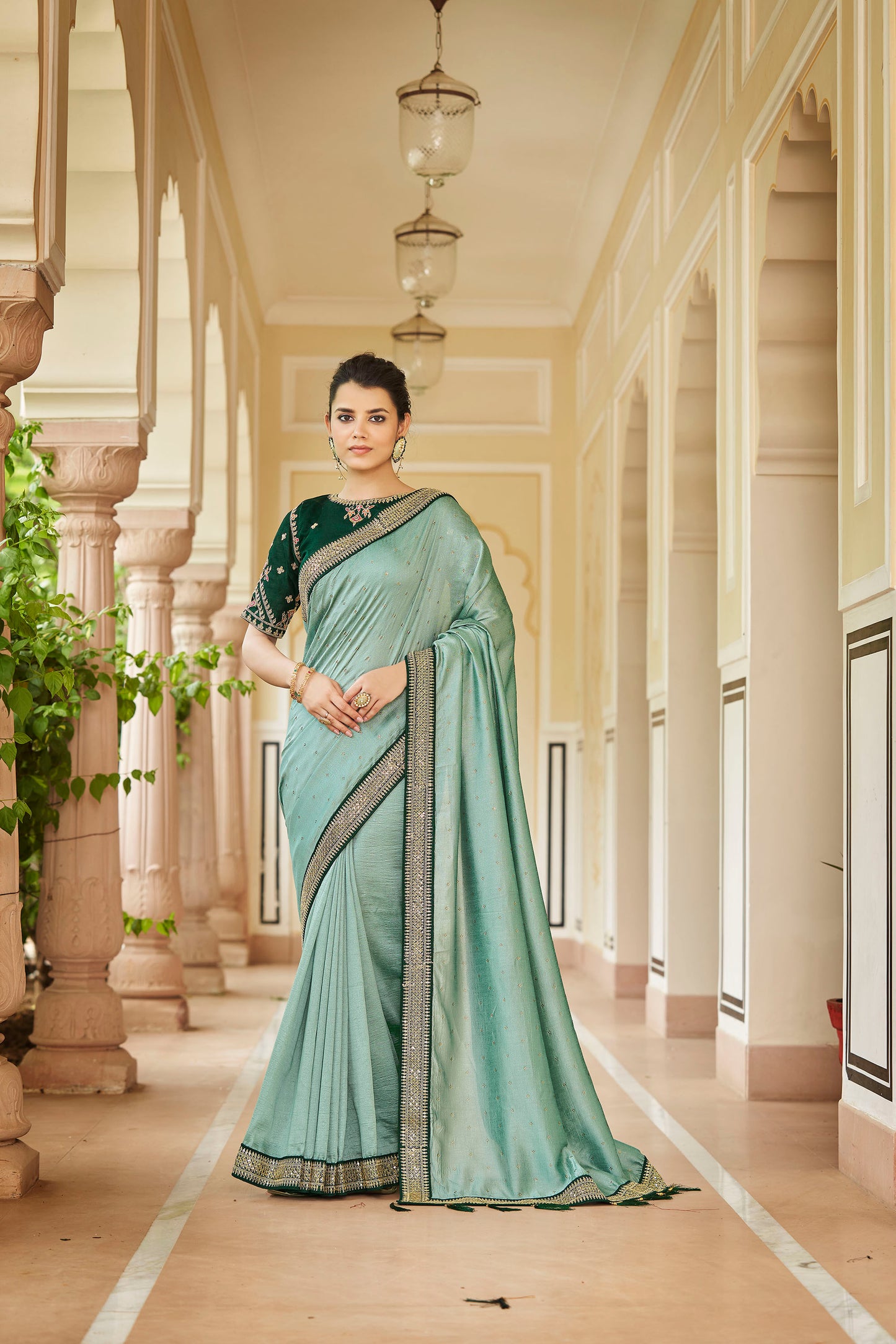 Pista Green Color Sequined Swarovski Saree