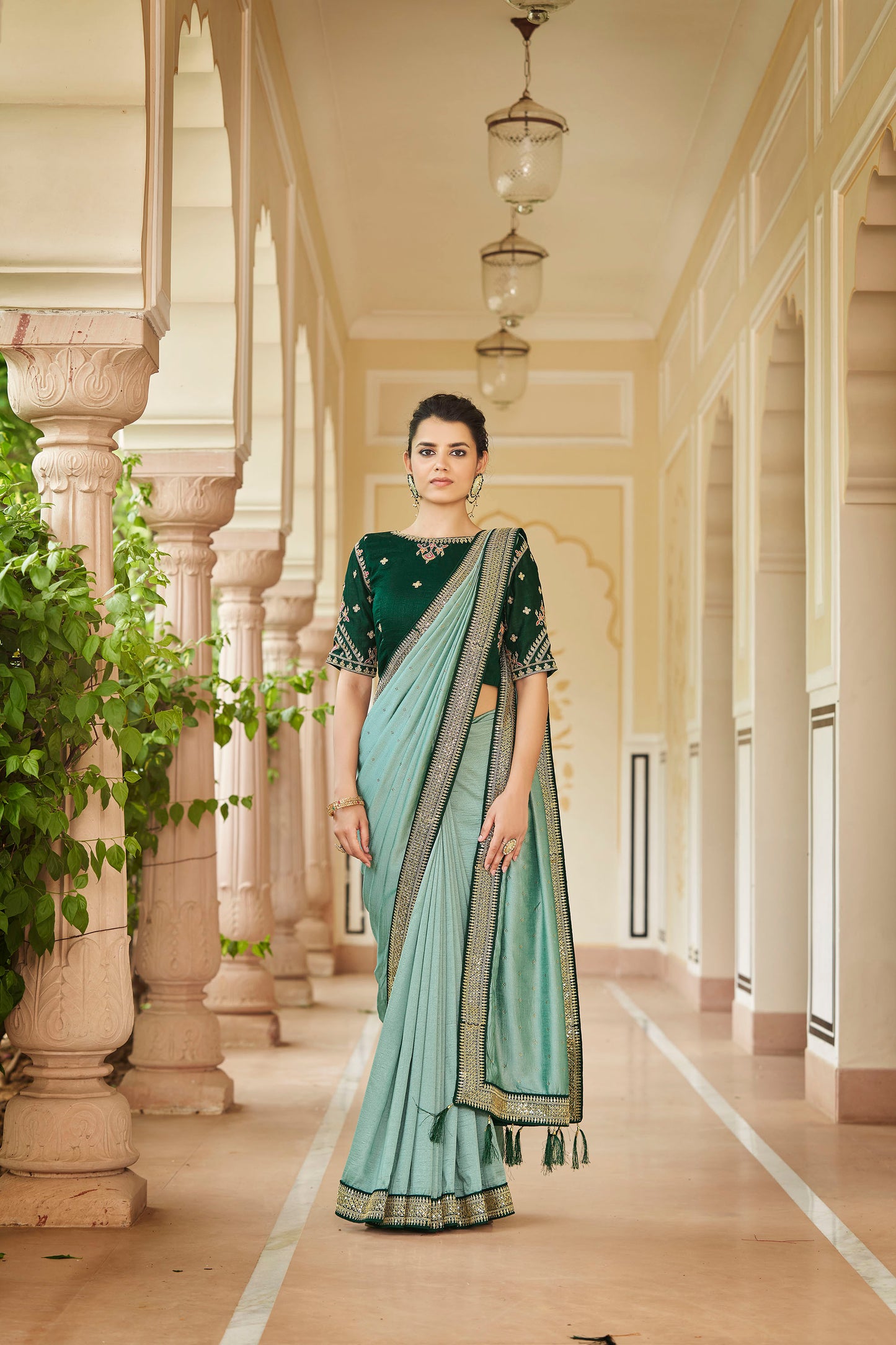 Pista Green Color Sequined Swarovski Saree