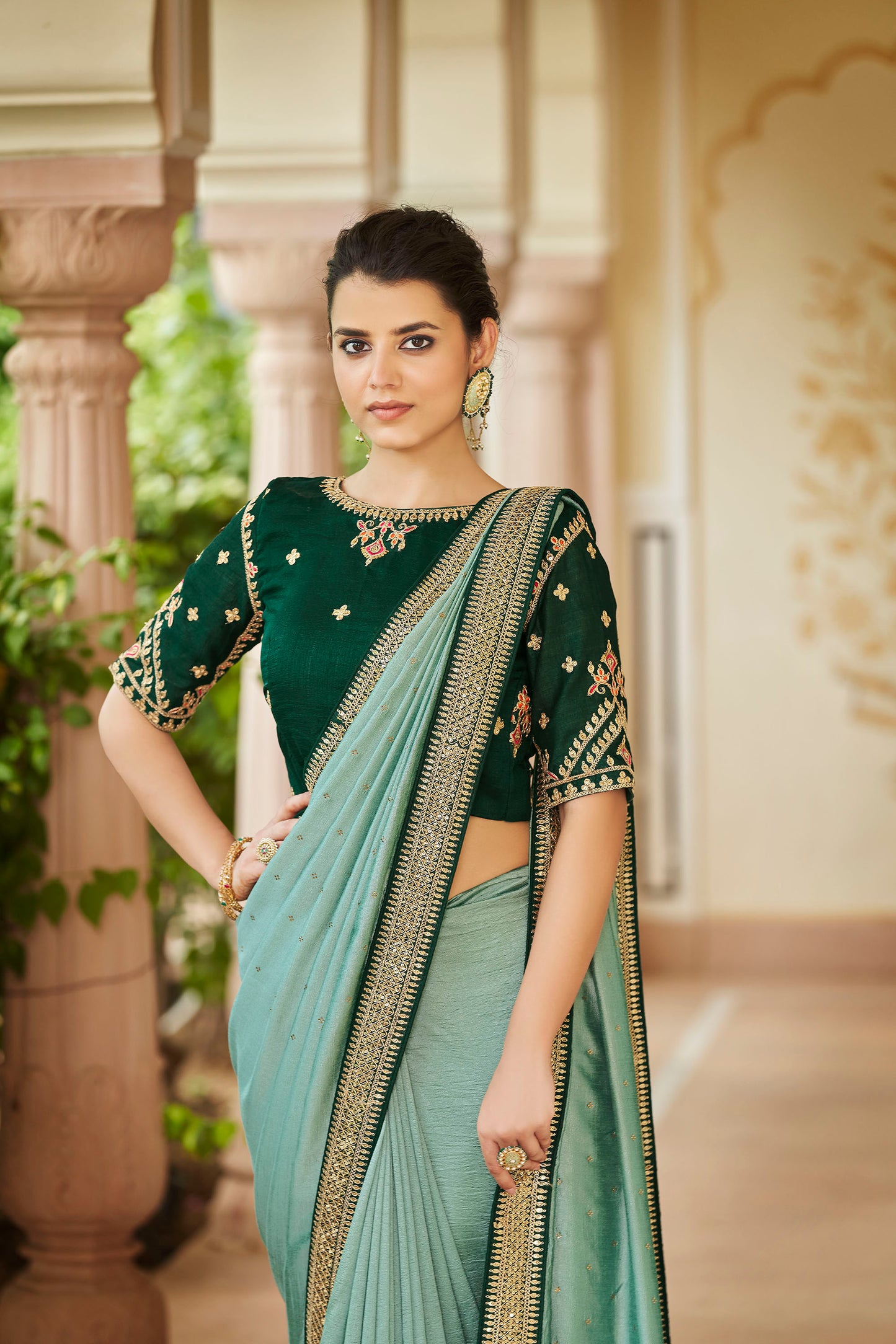 Pista Green Color Sequined Swarovski Saree