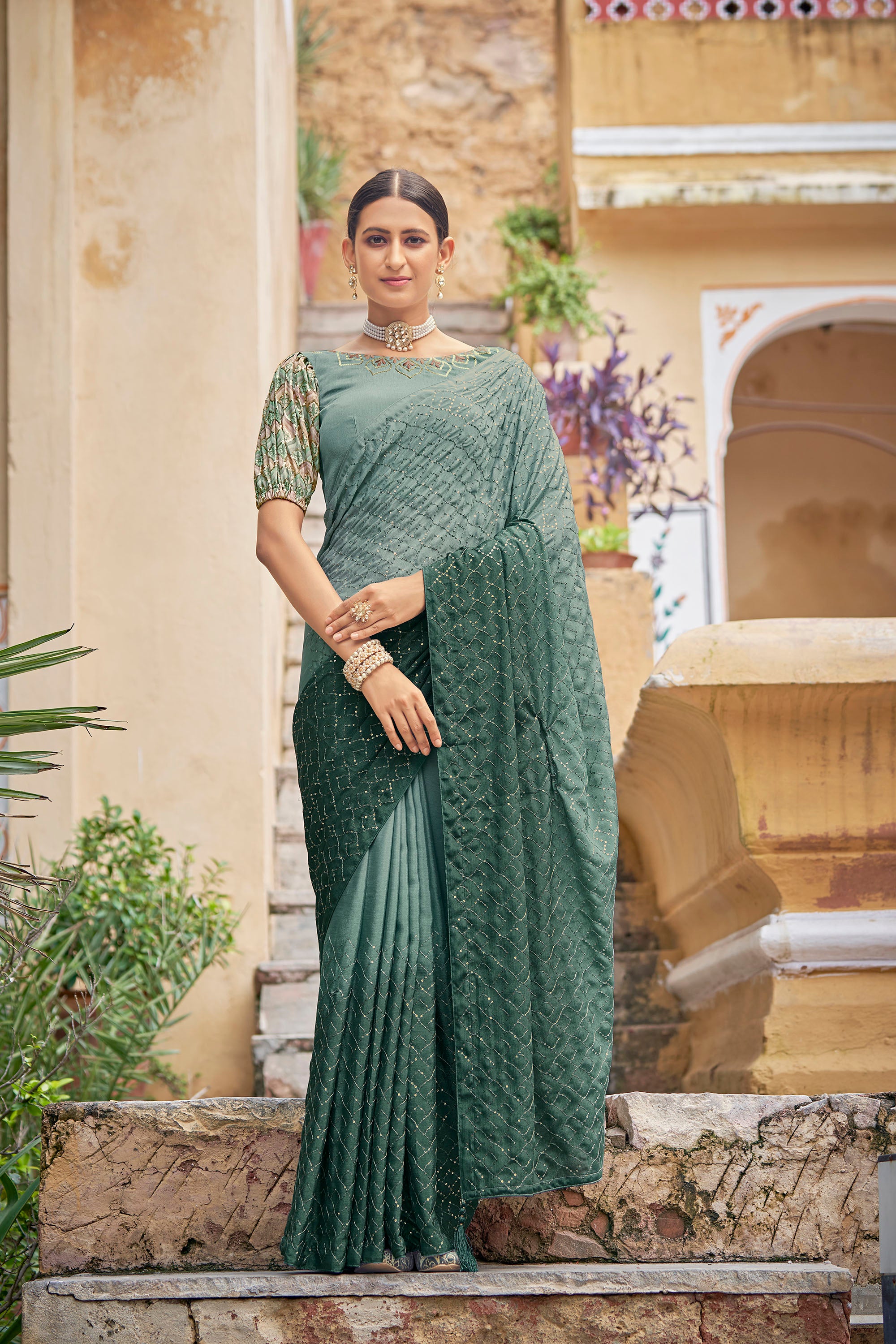 Embroidered Art Silk Saree in Teal Green : SZDA400