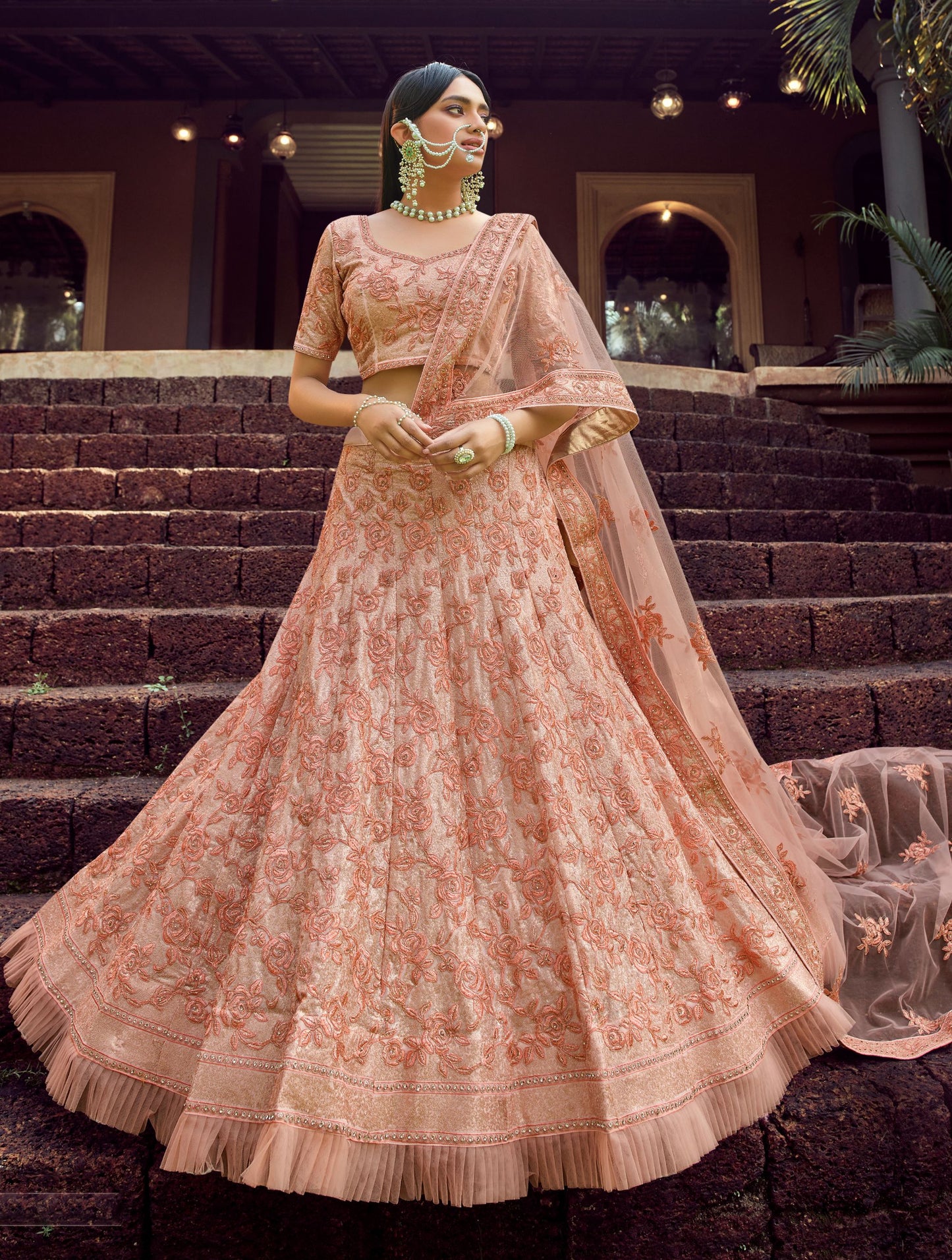 Peach Georgette Bridal Wear Lehenga Set