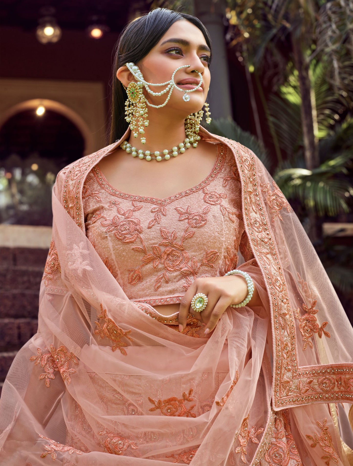 Peach Georgette Bridal Wear Lehenga Set