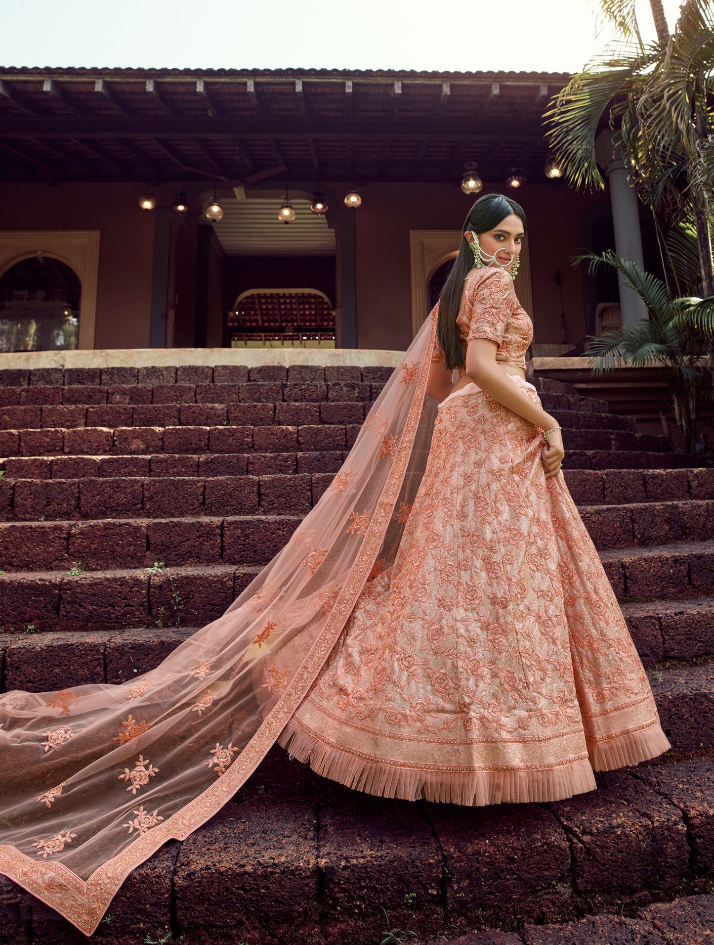 Peach Georgette Bridal Wear Lehenga Set