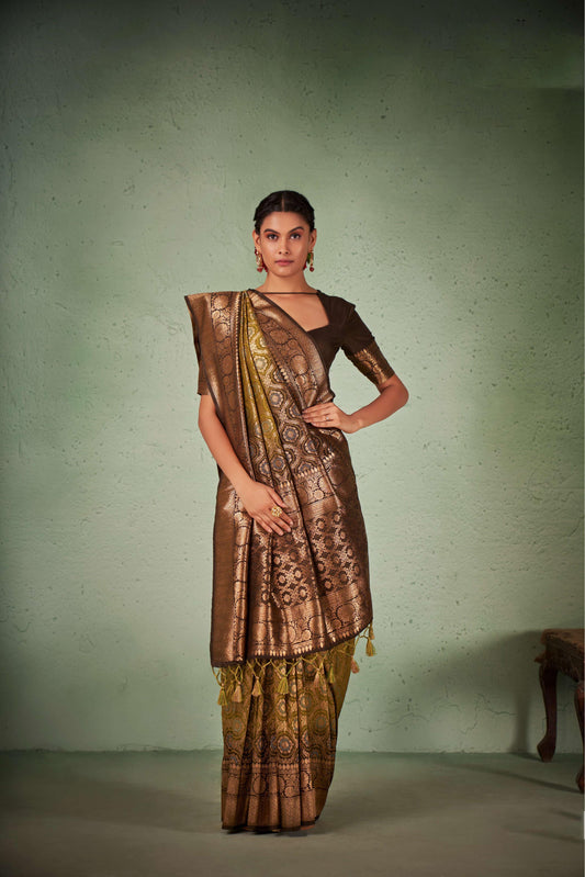 Olive Green Gold Zari with Bandhej Bandhani Raw Silk Saree