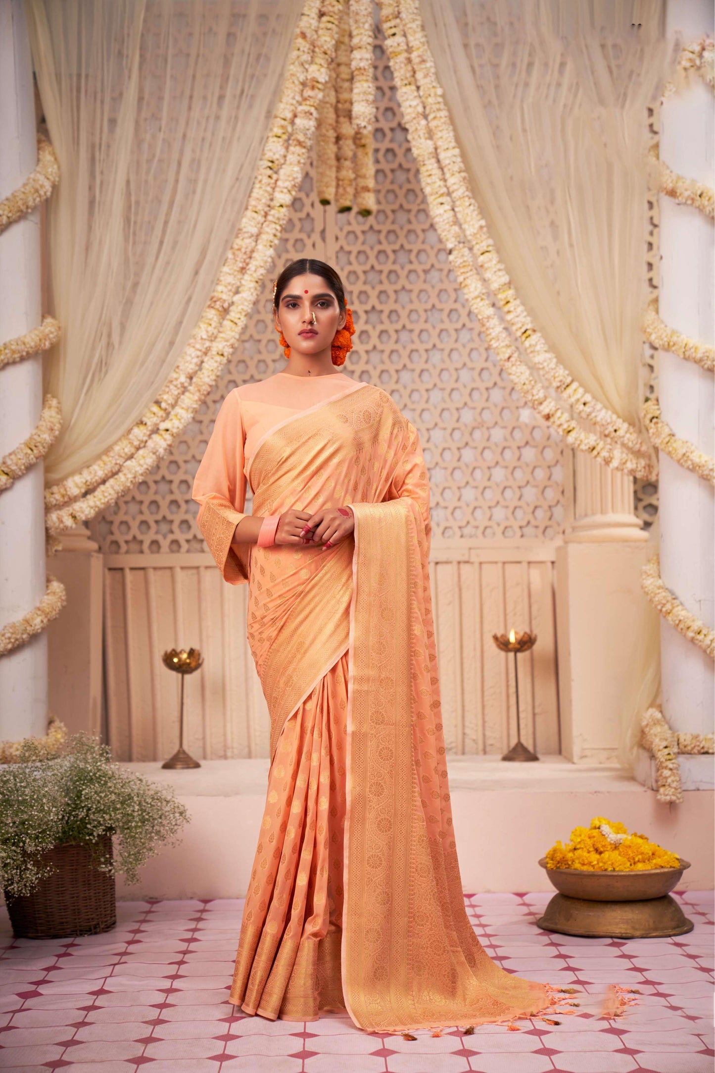 Tangerine Orange Gold Zari Georgette Viscose Saree