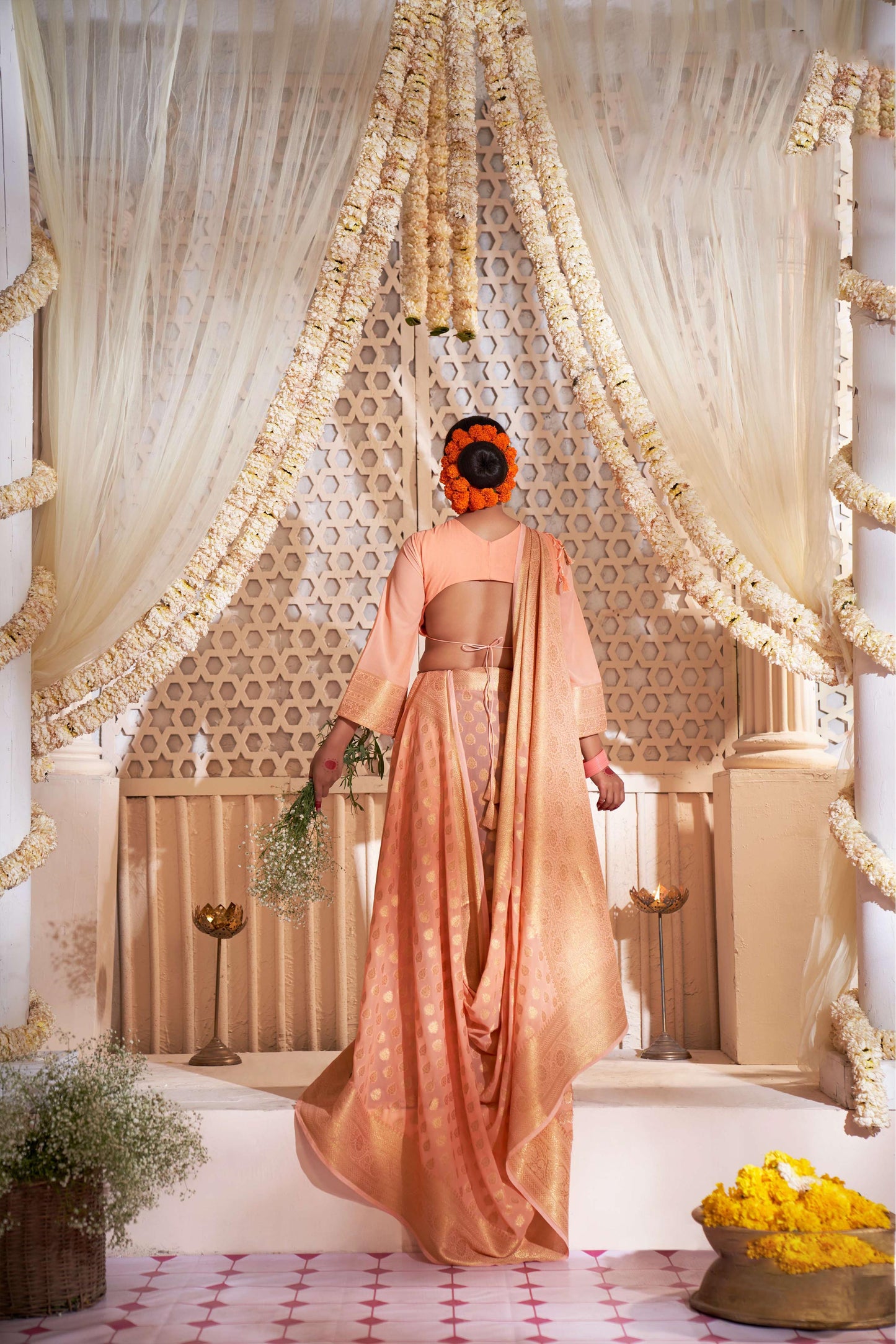 Tangerine Orange Gold Zari Georgette Viscose Saree