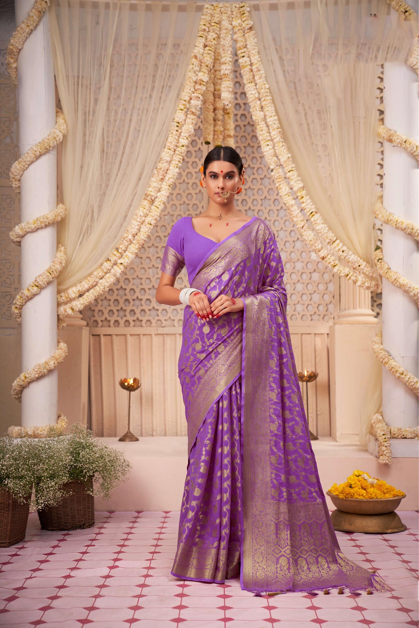 Purple Color Gold Zari Georgette Viscose Saree