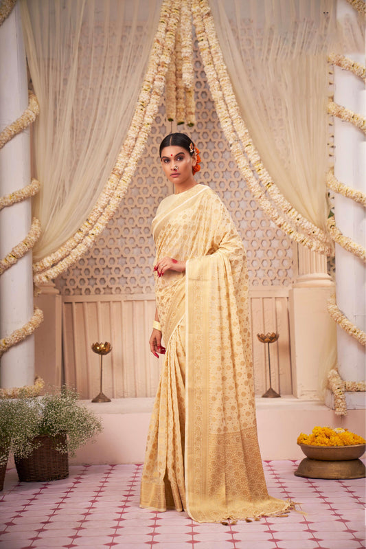 Off-white Color Gold Zari Georgette Viscose Saree