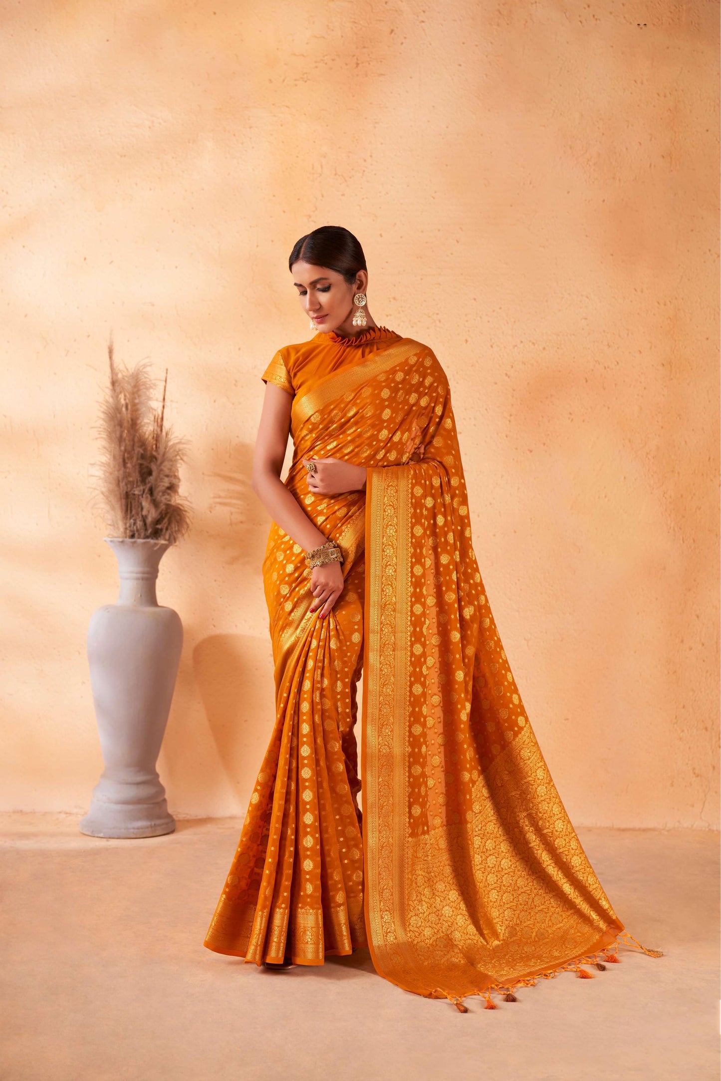 Mustard Yellow Gold Zari Georgette Viscose Saree