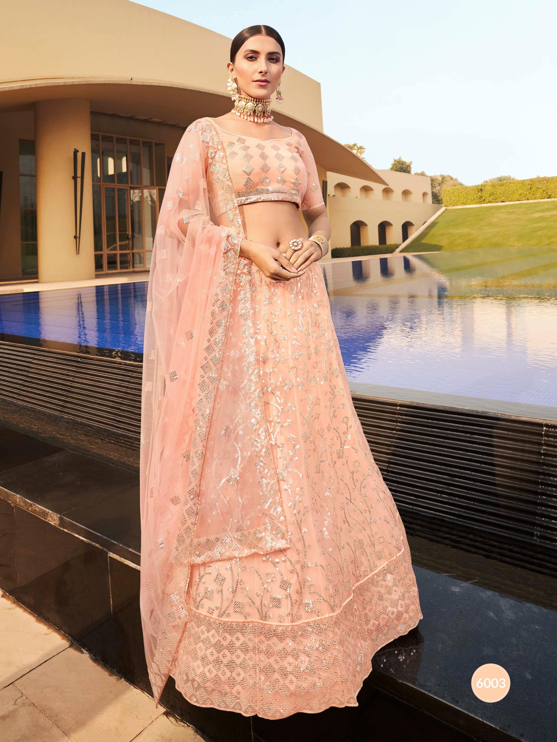 Peach Soft Net Heavy Embroidered Lehenga Set-   - Glamou  al