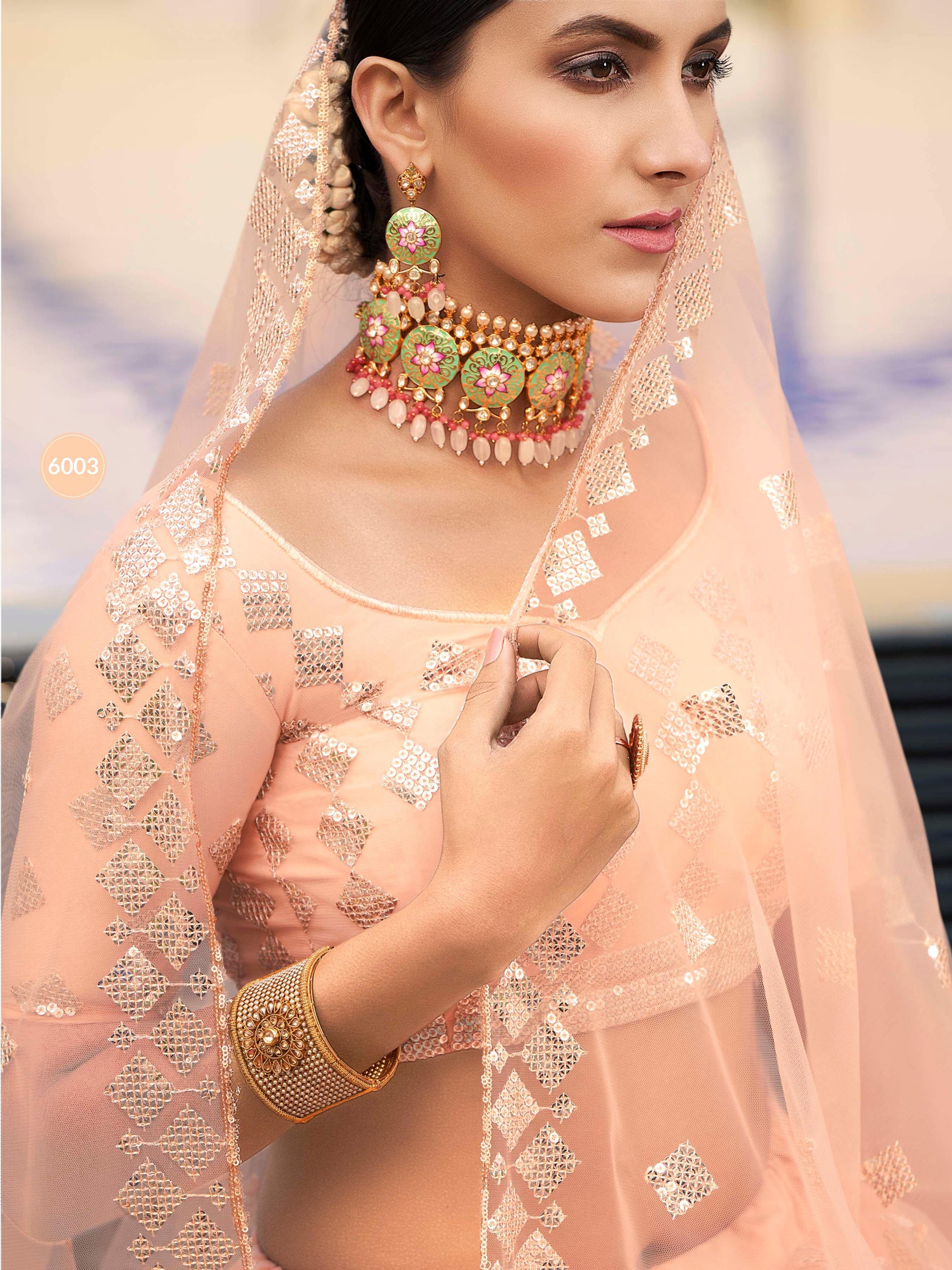 Peach Soft Net Heavy Embroidered Lehenga Set-   - Glamou  al