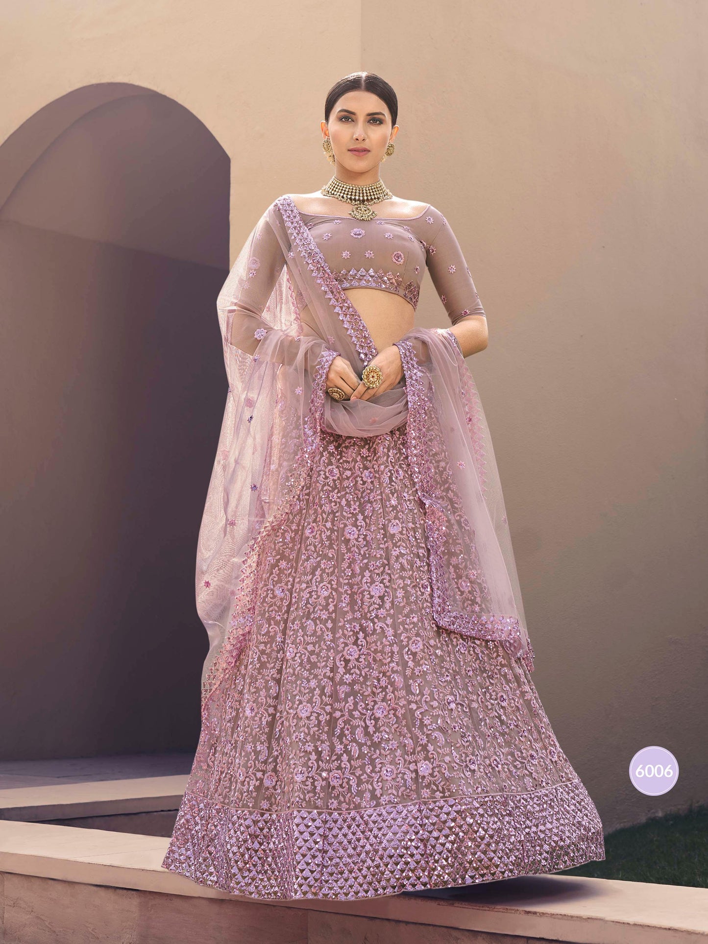 Lilac Soft Net Embroidered Lehenga Choli Set -    - Glamou  al