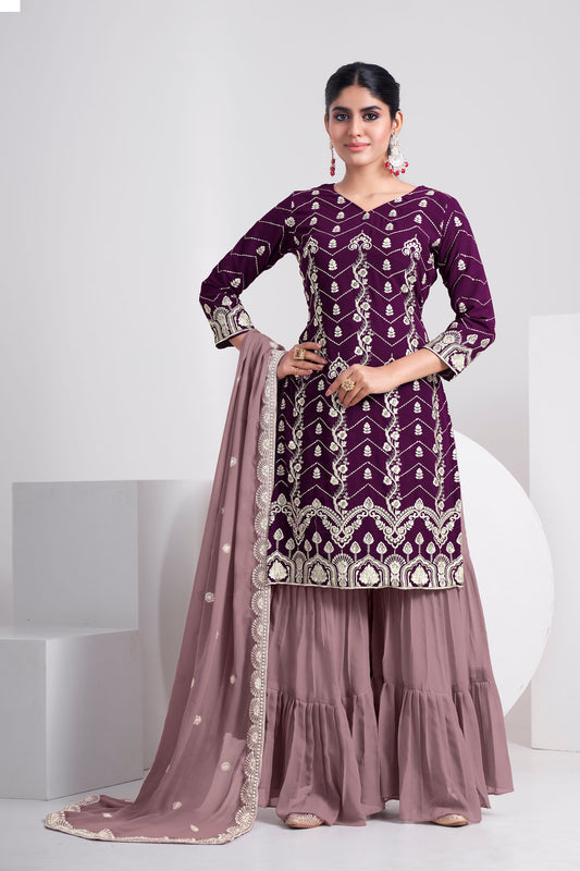 Purple Sequence Embroidered Faux Georgette Sharara