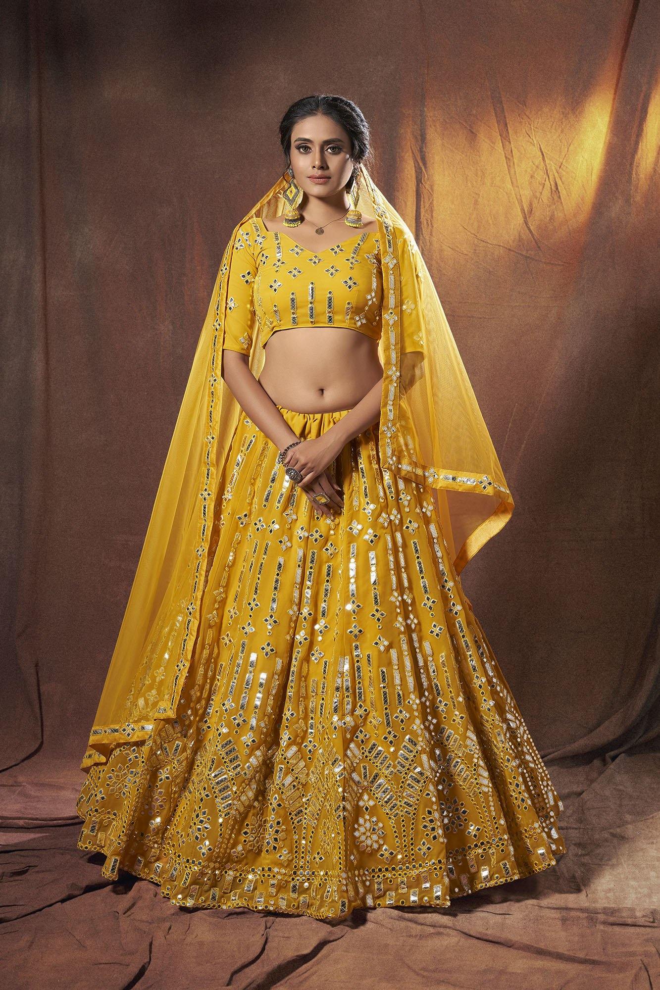 Indian yellow designer wedding lehenga with red & green double dupatta-Rivaah  | eBay