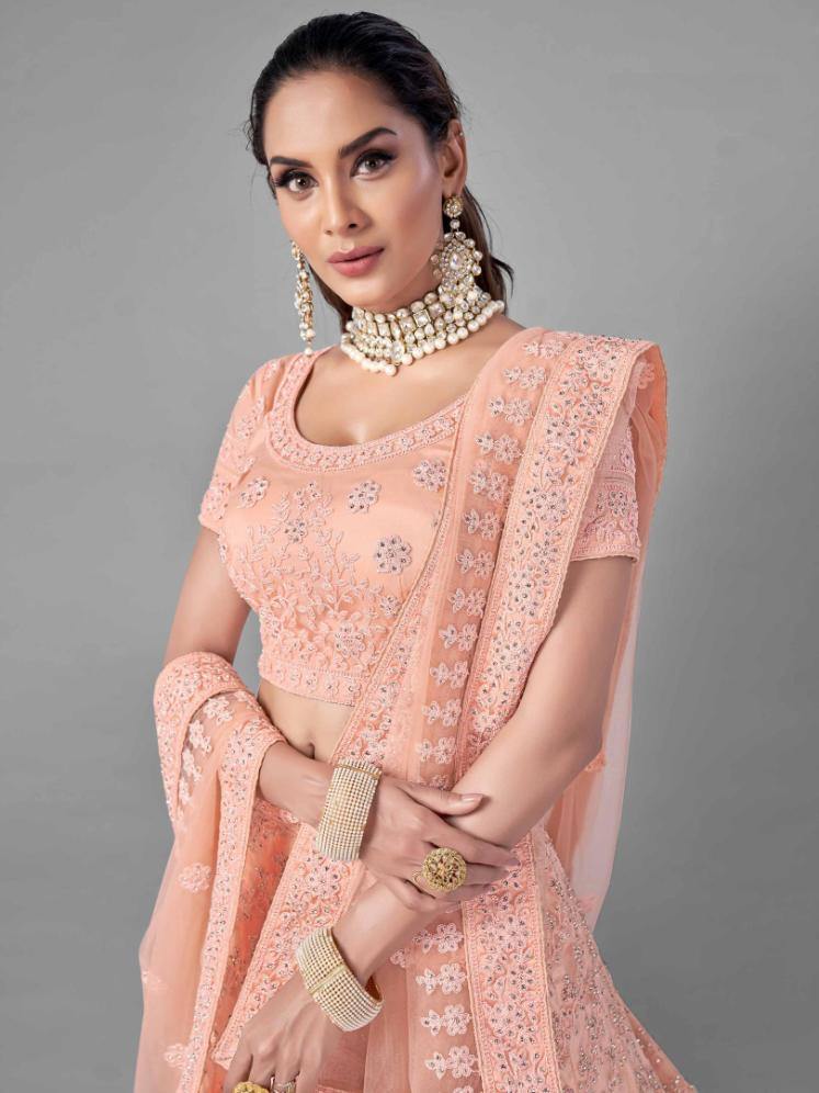 Peach Soft Net Bridal Wear Lehenga Set -    - Glamou  al