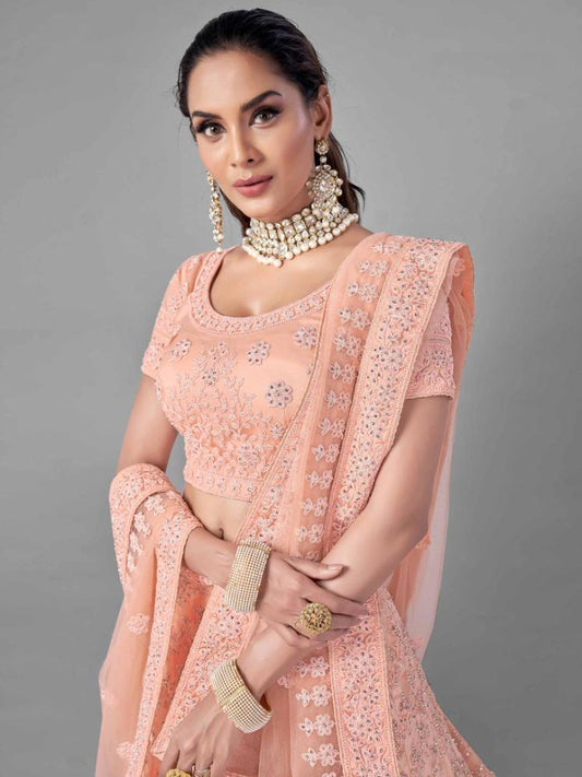 Peach Soft Net Bridal Wear Lehenga Set -    - Glamou  al