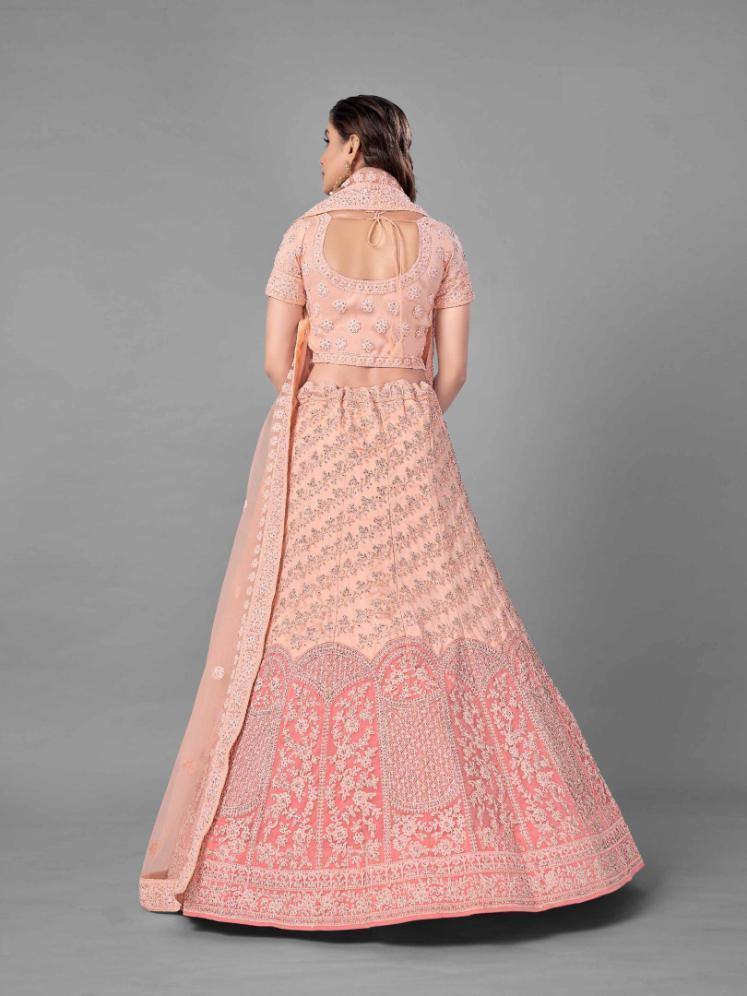 Peach Soft Net Bridal Wear Lehenga Set -    - Glamou  al