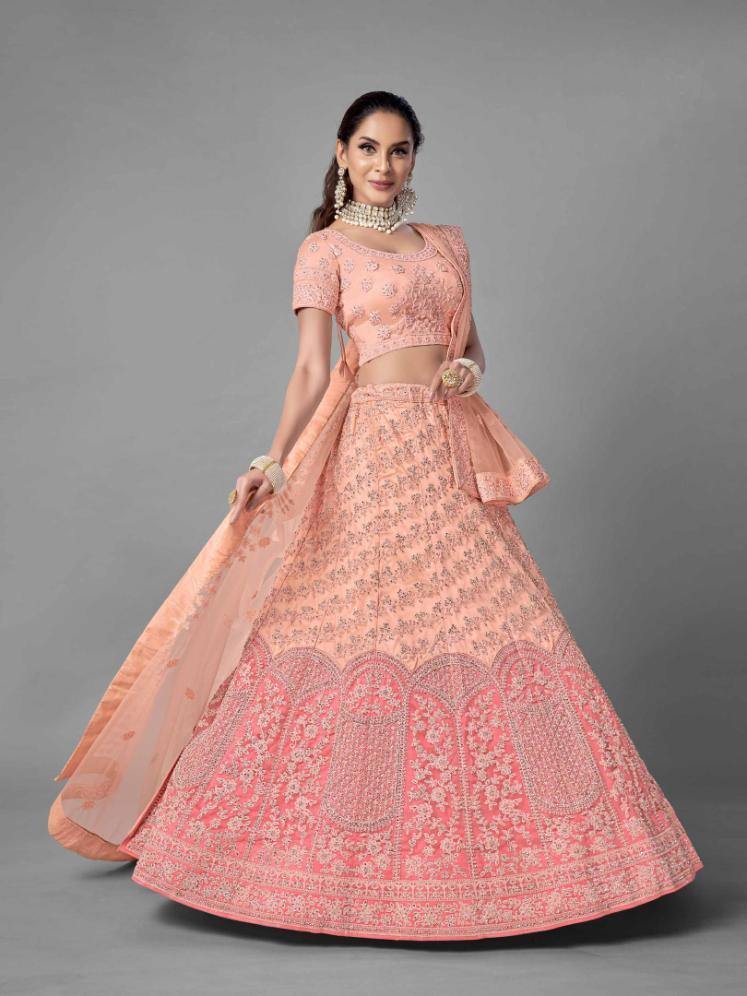 Peach Soft Net Bridal Wear Lehenga Set -    - Glamou  al