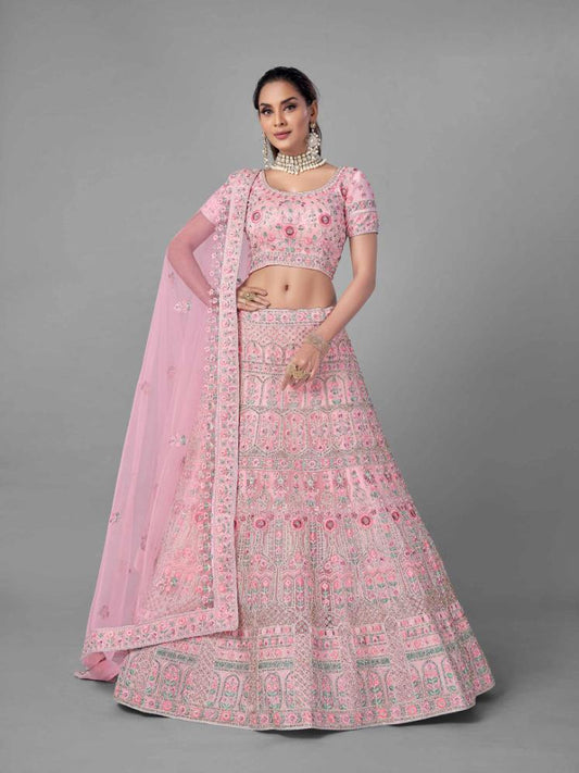 Pink Soft Net Bridal Wear Lehenga Set -    - Glamou  al