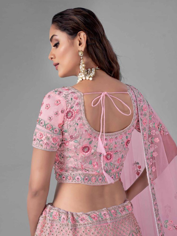 Pink Soft Net Bridal Wear Lehenga Set -    - Glamou  al