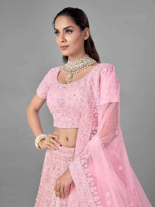    Pink Soft Net Bridal Wear Lehenga Set - Glamou  al