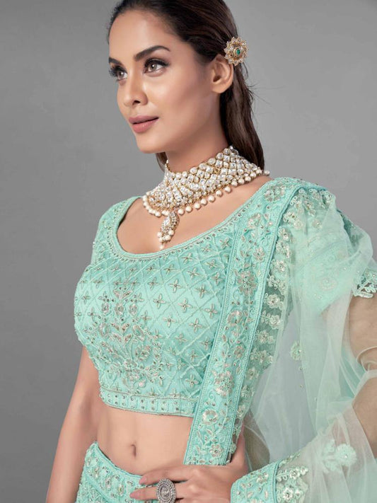    Sea Green Soft Net Bridal Wear Lehenga Set - Glamou  al