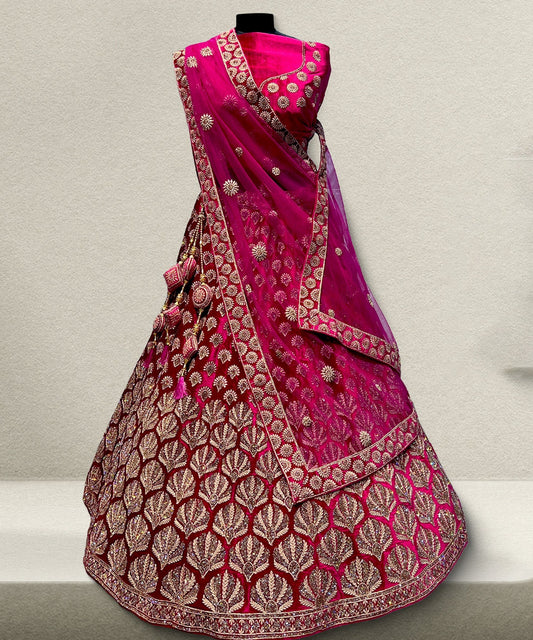Pink Color Velvet Heavy Embroidery Bridal Lehenga