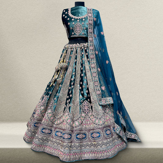 Dark Blue Color Velvet Heavy Embroidery Bridal Lehenga