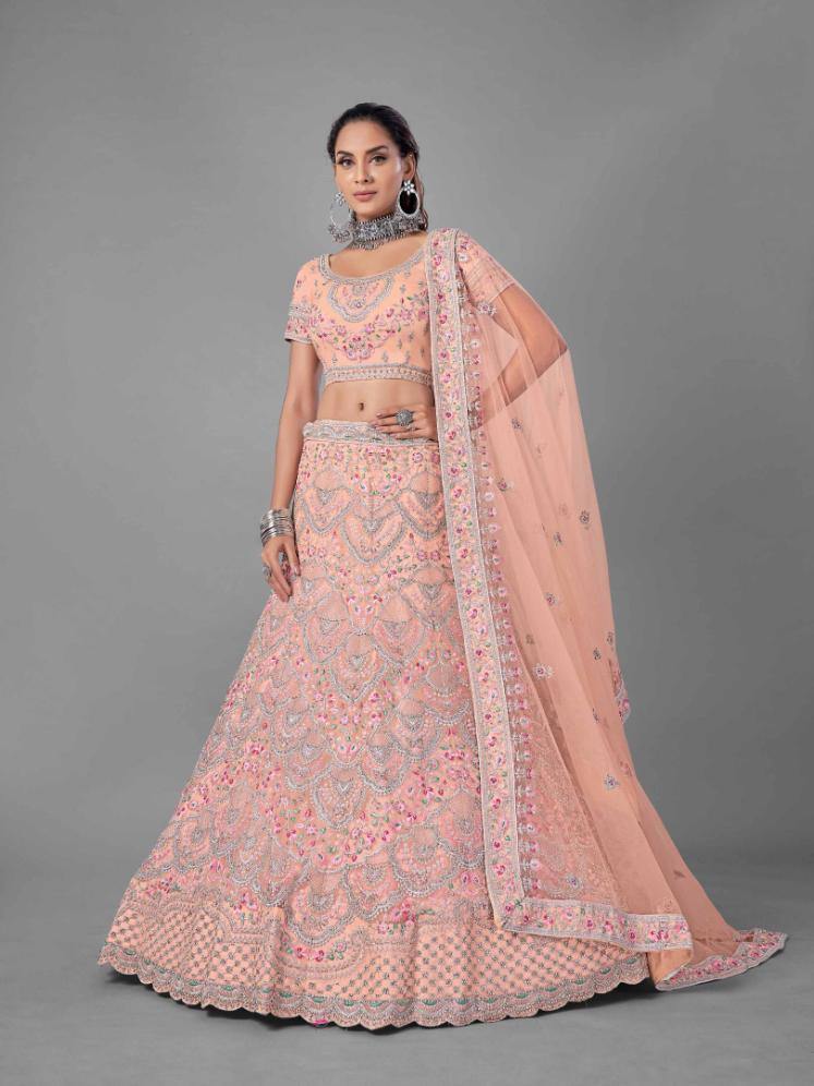    Peach Soft Net Bridal Wear Lehenga Set - Glamou  al