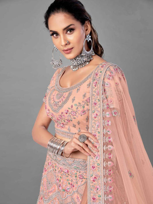    Peach Soft Net Bridal Wear Lehenga Set - Glamou  al