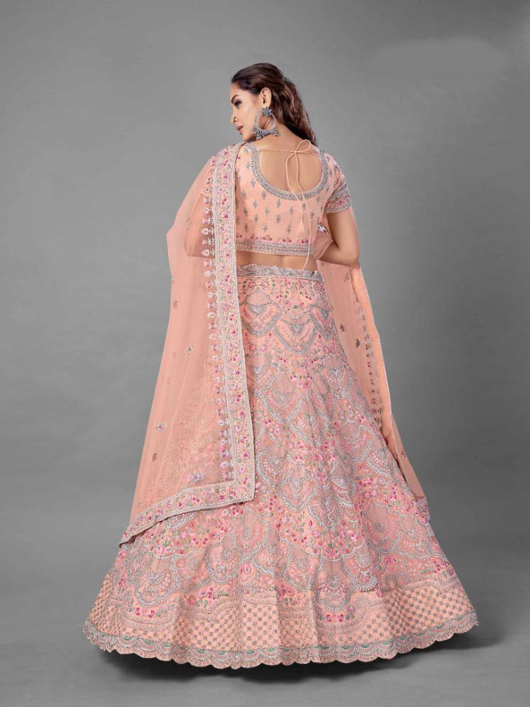    Peach Soft Net Bridal Wear Lehenga Set - Glamou  al