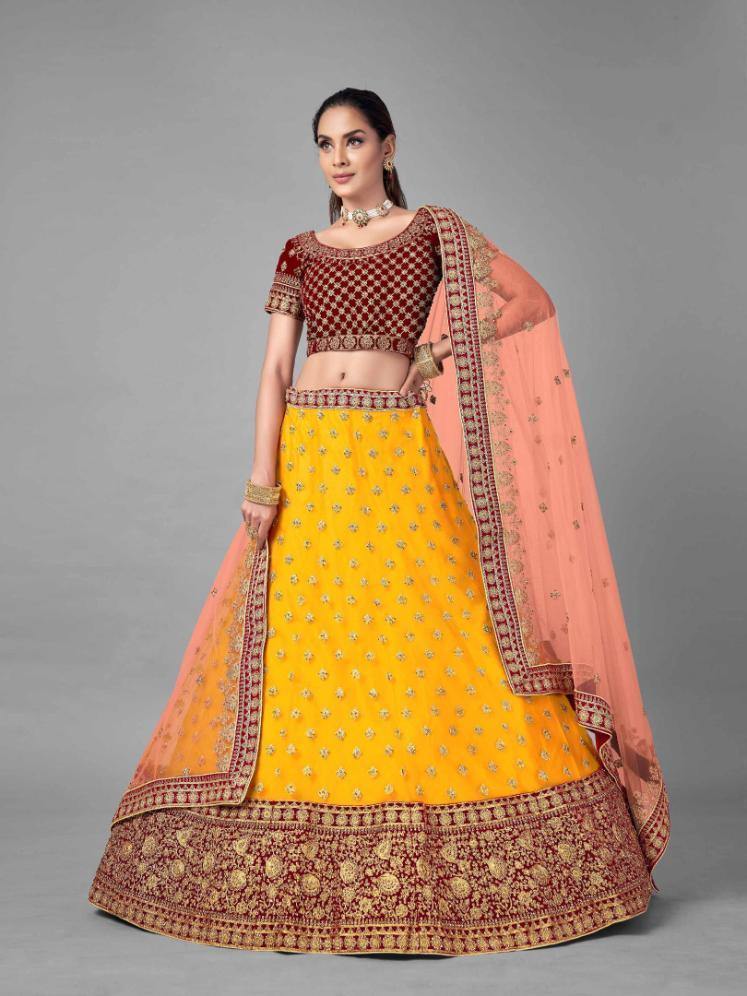 Mustard and Red Net Bridal Wear Lehenga Set -    - Glamou  al