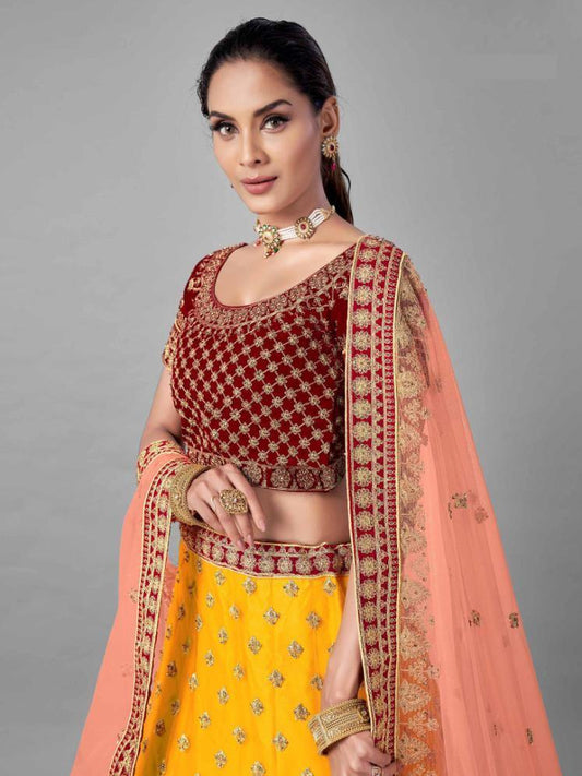 Mustard and Red Net Bridal Wear Lehenga Set -    - Glamou  al