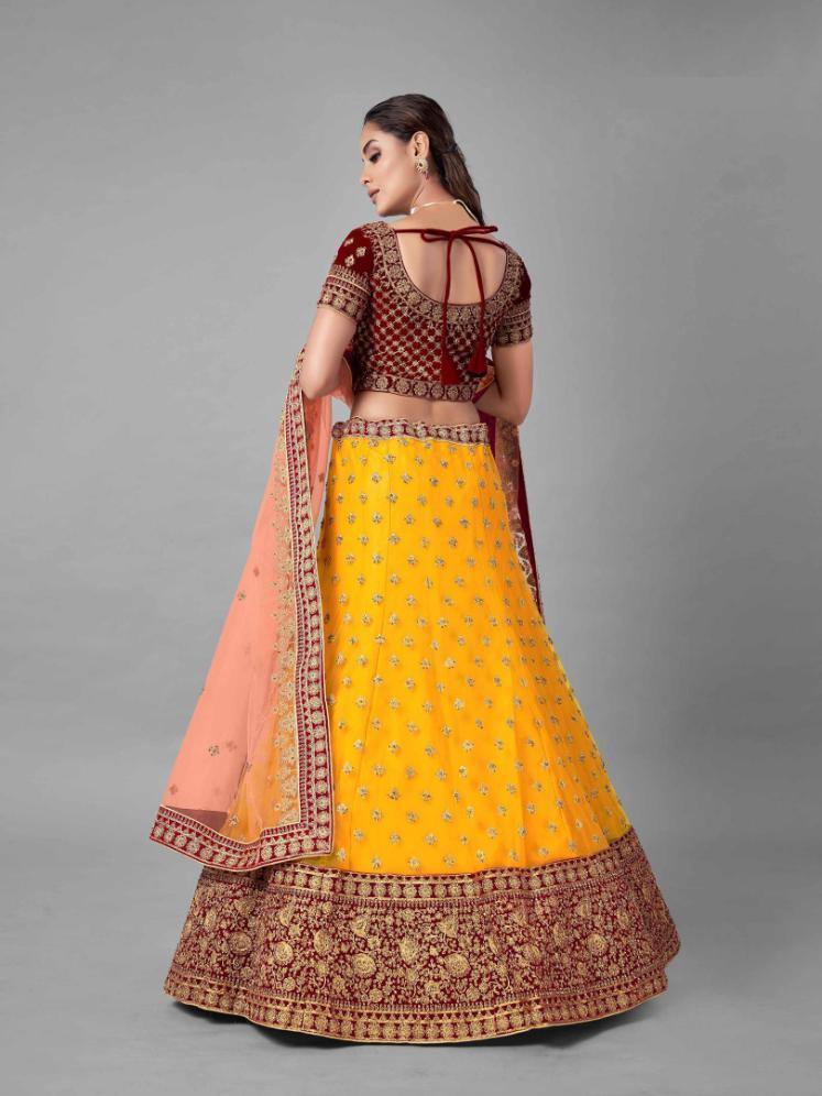 Mustard and Red Net Bridal Wear Lehenga Set -    - Glamou  al