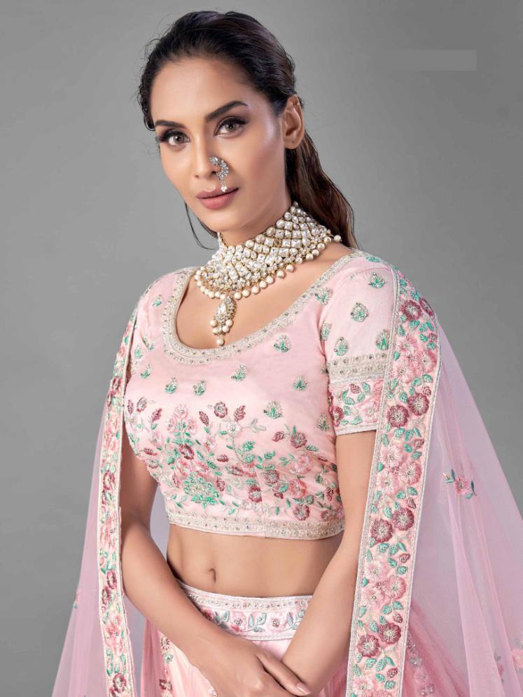 Pink Net Bridal Wear Lehenga Set -    - Glamou  al