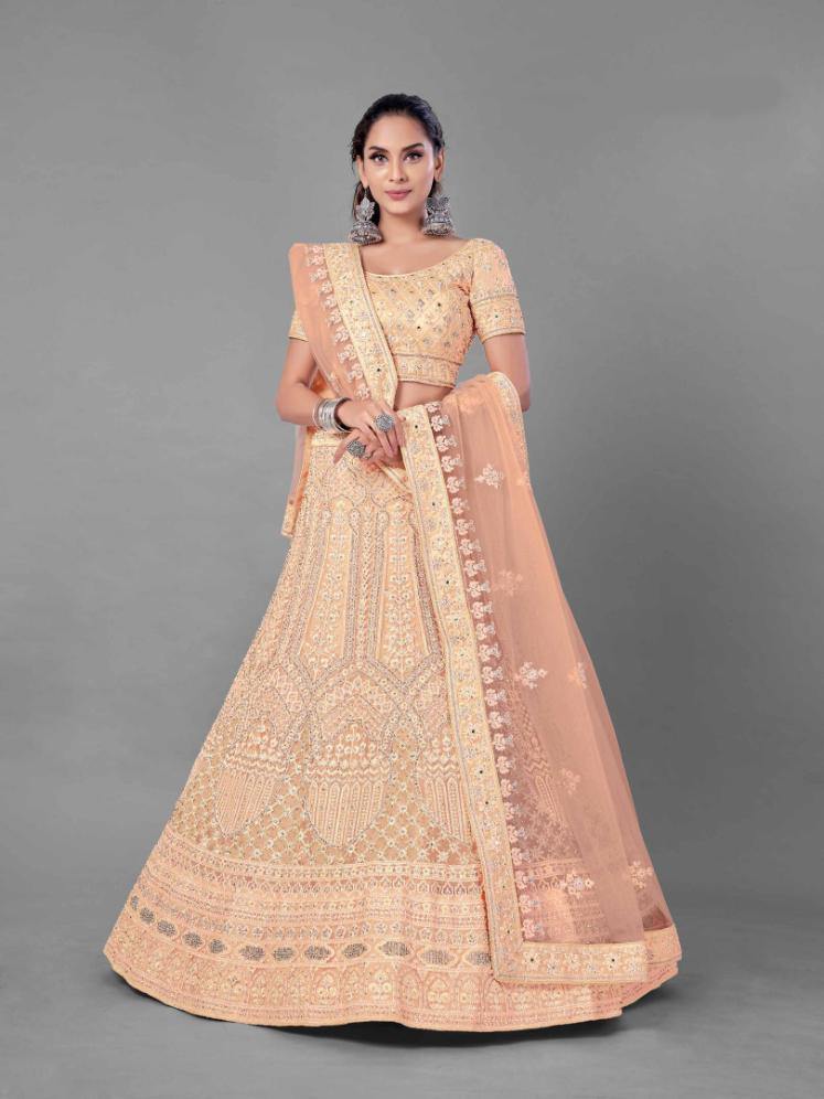 Peach Soft Net Lehenga Set -    - Glamou  al