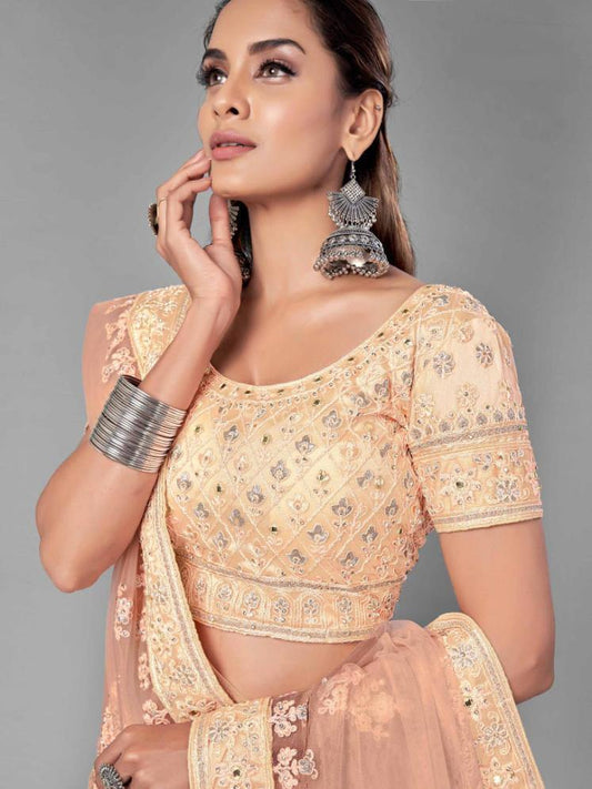 Peach Soft Net Lehenga Set -    - Glamou  al