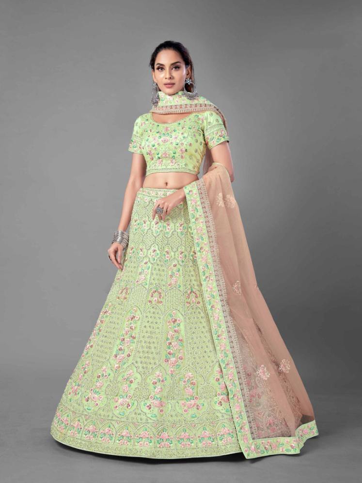    Pista Green Dori Work Net Lehenga Set - Glamou  al